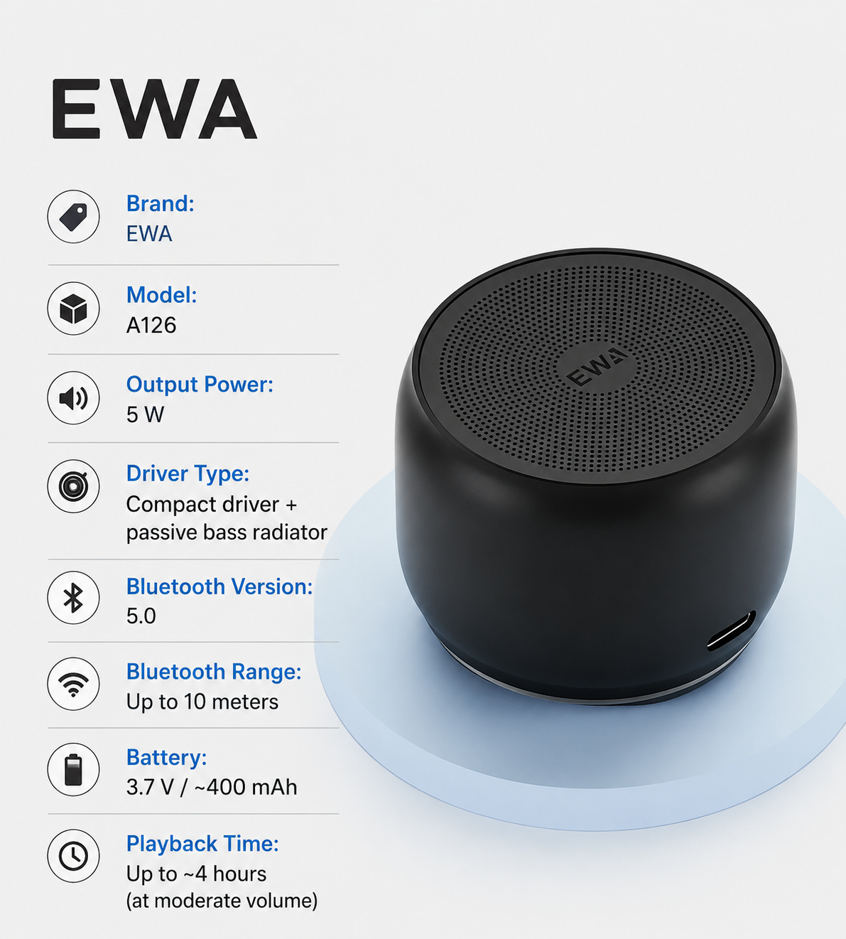 EWA A126 Mini Portable Speaker – Black - Image 2